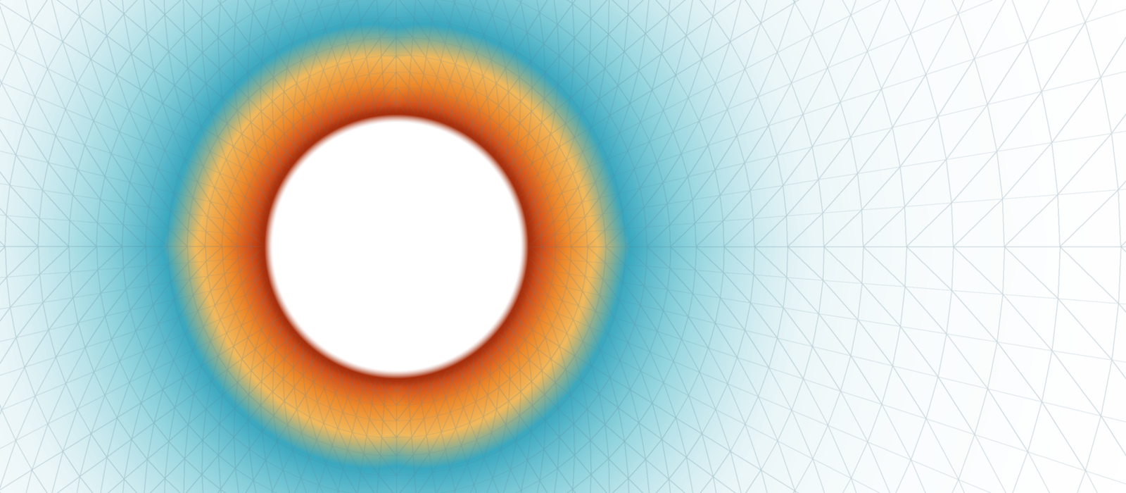 Day-90 temperature field around the heated tunnel on white: the hot orange ring at the tunnel wall fading through teal into the cool far field, drawn on the native mesh with the quarter model mirrored to the full section